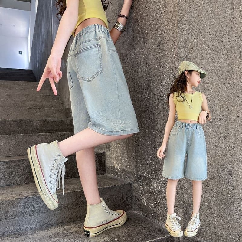 Cross-border wholesale girls' summer denim shorts, mid-to-older girls' thin six-point versatile new style