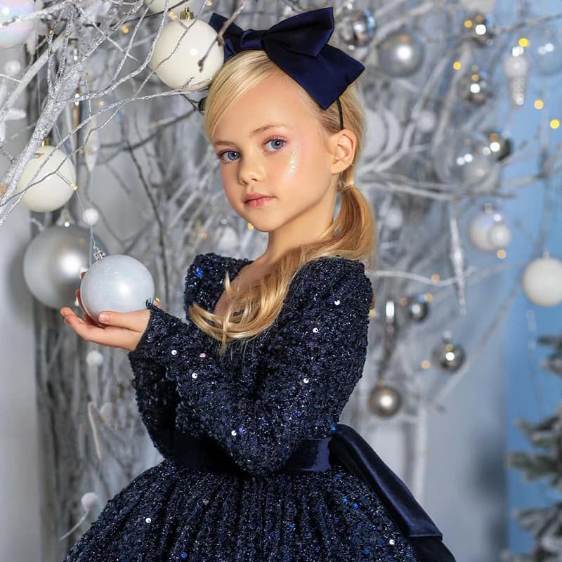 Children's Princess Dress Blue Flower Girl Long Sleeve Tutu Tulle Dress Little Girl Backless Birthday Party Sequin Gown