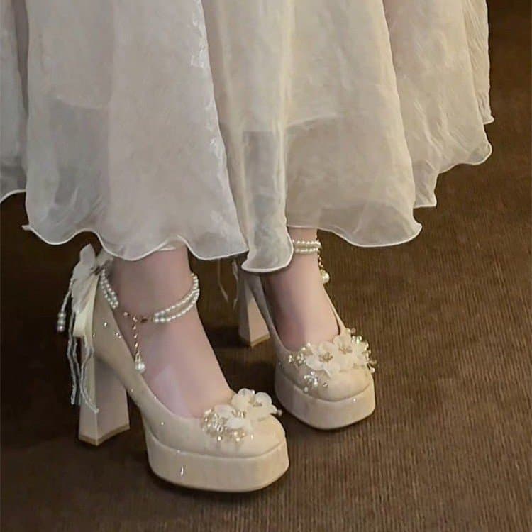 2026 Spring Autumn New Crystal High Heels for Women Chunky Heel One-Strap Platform Petite Fashion Wedding Flats