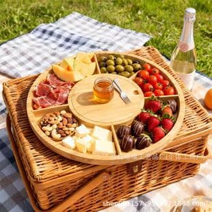 Cross-border Solid Wood Round Snack Nut Fruit Tray Wooden Divided Serving Plate for Home Restaurant Hot Pot Side Dish