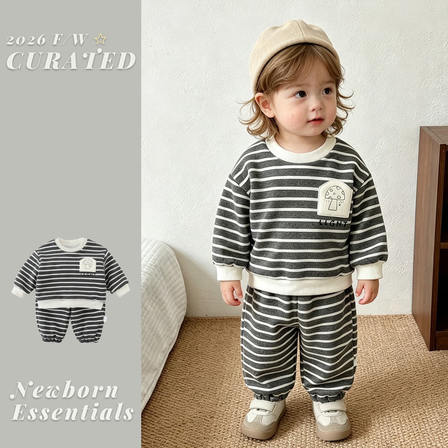 Children's sweatshirt set 2026 autumn and winter new baby fashion striped clothes two-piece set infant winter clothing outing clothing