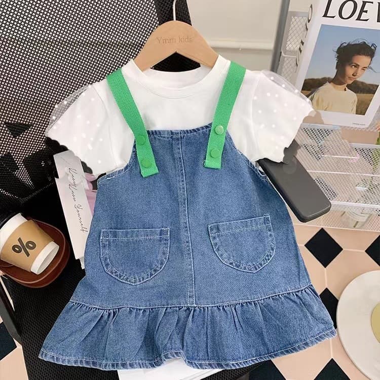 Girls Summer Denim Suspender Skirt Two-piece Set New Children's Bubble T-Shirt Baby Korean Style Western Cute Skirt