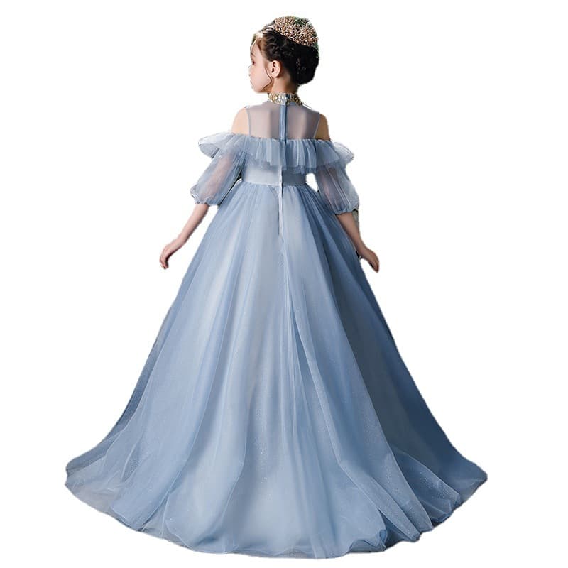 Children's Tulle Dress 2026 Flower Girl Piano Performance Outfit Stylish Girl Host Walk Show Evening Gown with Train