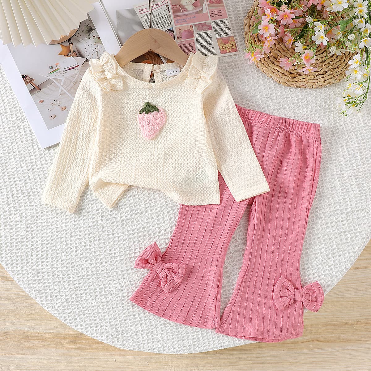 Children's Clothing Cross-border European and American Girls' Apricot Long-sleeve Top and Pink Pants Two-piece Set