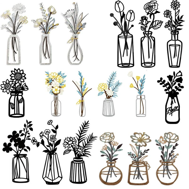 Three-Piece Set of Metal Art Vases Wall Hangings Floral Wall Art Country Farmhouse Decoration Minimalist Wall Decor