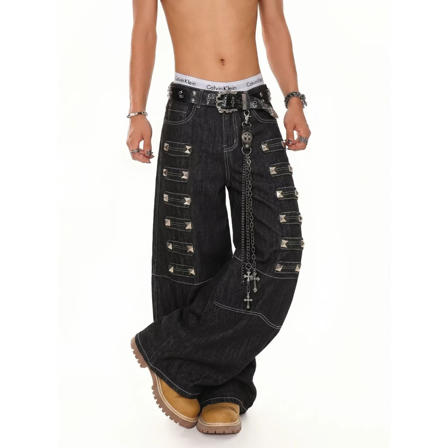 Wide-Leg Jeans for Men, Heavy Metal Rivet Decorative Design, Edgy Hip-Hop Trendy Floor-Length Pants