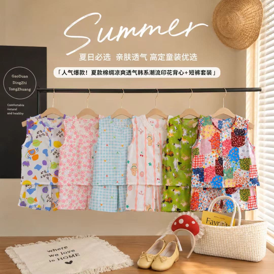 Children's Cotton Silk Vest Set Summer Thin 2026 Boys and Girls Cartoon Sleeveless Top Shorts Lightweight Two-Piece Set