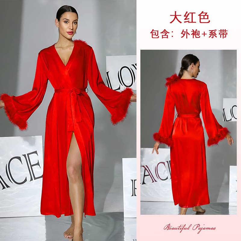 Women's Long Satin Robe with Fluffy Cuffs, Side Slit, Tie Waist, Multi-Color Pajamas 1141