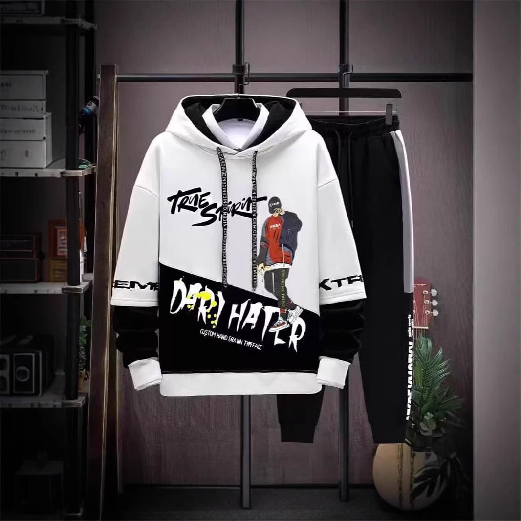 Men's Hoodie Set Spring Autumn New Hong Kong Style Streetwear Printed Hoodie and Sweatpants Two-Piece Set Casual Outfit