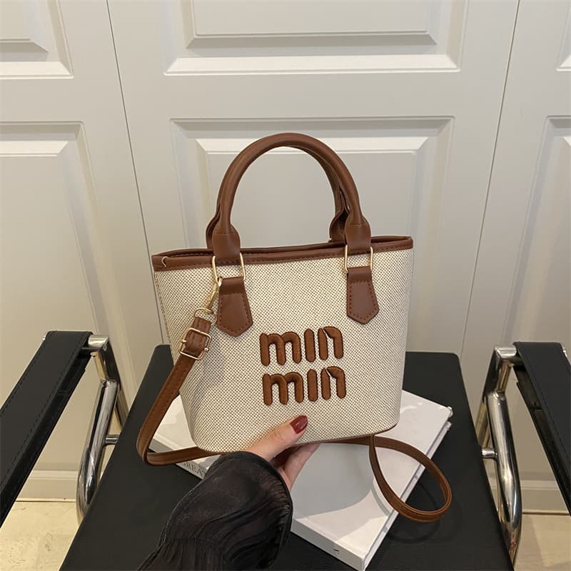 2026 New Summer Fashion Contrast Color Woven Straw Basket Bag Bucket Bag Handbag Women's Crossbody Shoulder Bag