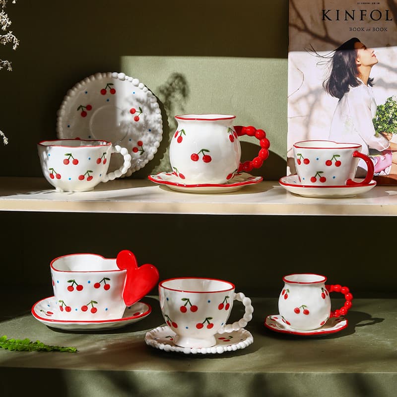ins style cherry ceramic cup and saucer hand pinched pearl coffee cup and saucer set high-looking breakfast mug wholesale