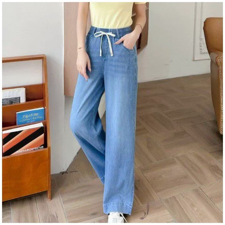 Dropshipping 2025 Summer Denim Wide Straight Pants Women's Thin Narrow Wide Leg Pants Loose Large Size Elastic Waist