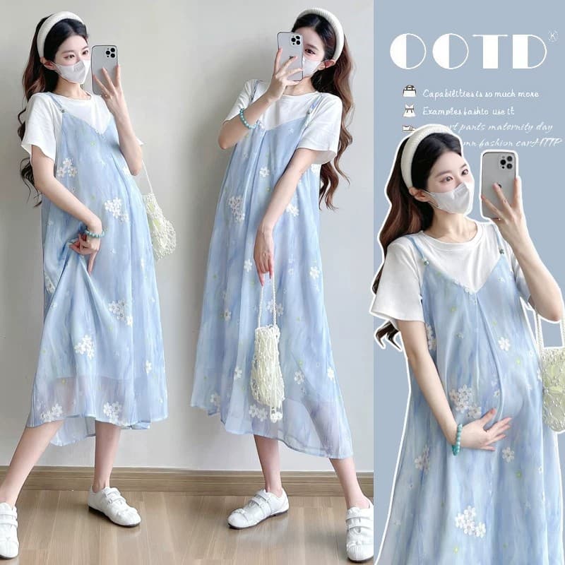 2025 Summer New Maternity Dress, French Style, Loose Fit, Two-Piece Look, Cotton Midi Dress