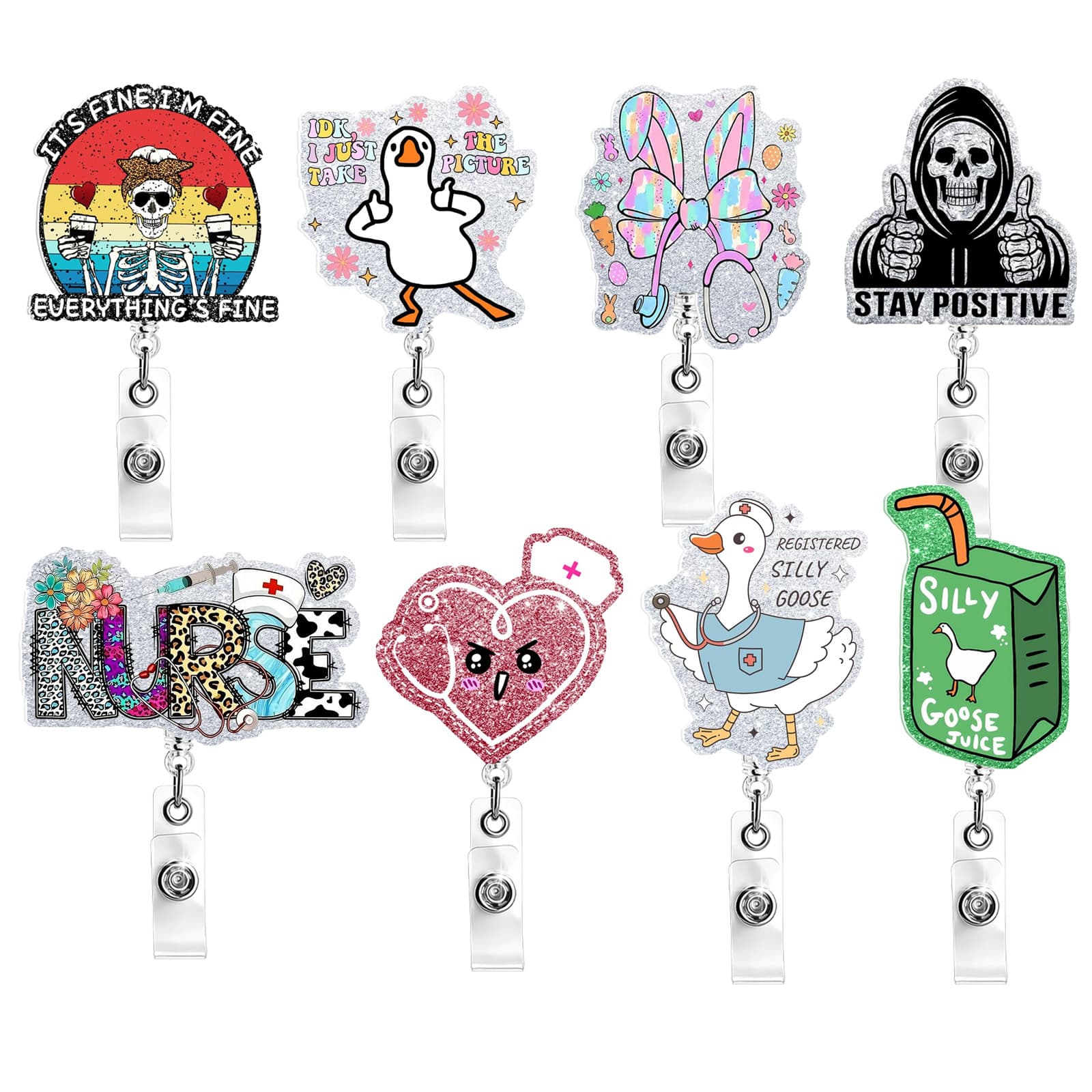 NURSE Silly Goose Stethoscope Acrylic Retractable Rotating Badge Reel Medical ID Card Holder Retractable Lanyard