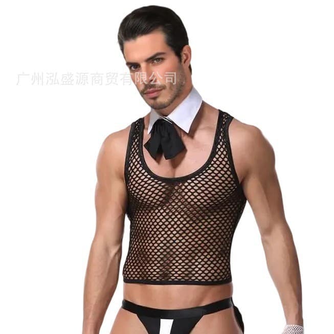 Nightclub Men's Sexy Lingerie See-Through Mesh Vest Tuxedo Butler Costume for Club Bar Performance