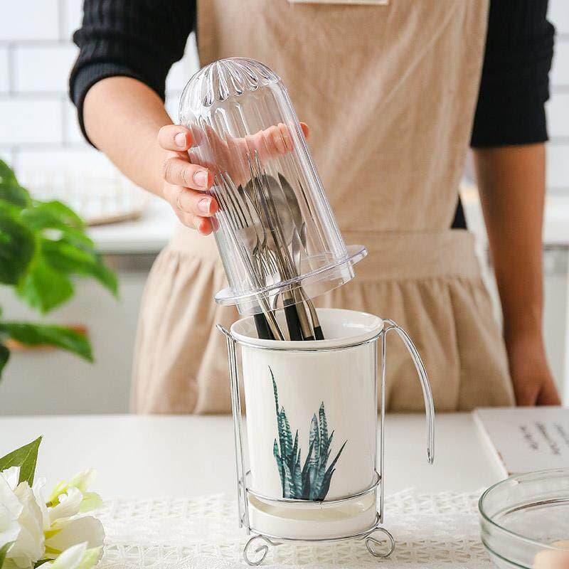 Nordic Plant Ceramic Chopstick Holder with Lid, Home Draining Chopstick Basket, Chopstick Bucket, Chopstick Cage Storage Rack
