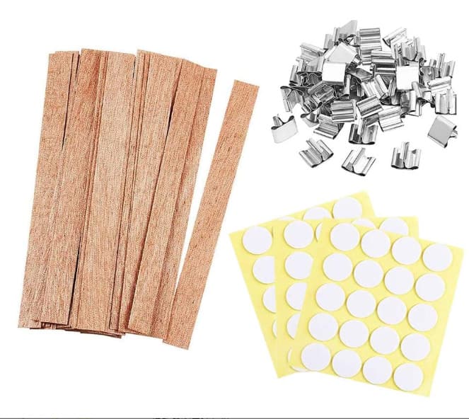 Wood Candle Wick Sticker Combo Set - Wooden Candle Wicks + Wick Holder + Wick Double-Sided Tape for Candle Making