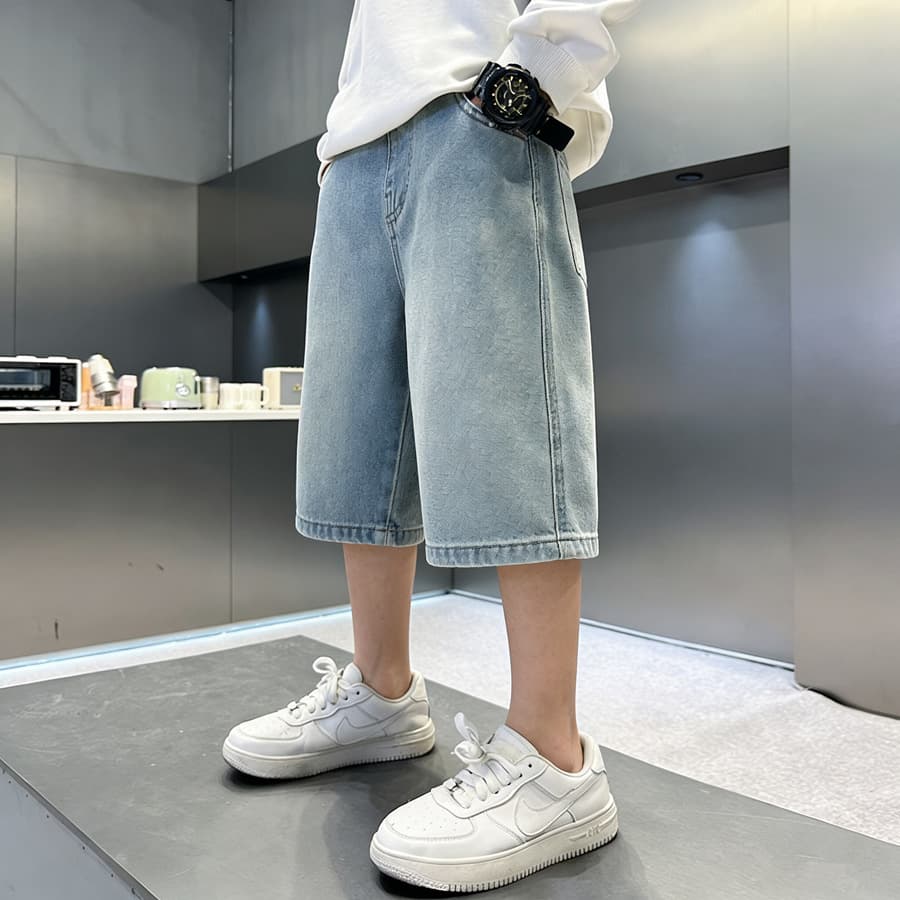 Boys' Denim Shorts Knee-Length Summer Thin Style for Older Kids Loose Fit Casual