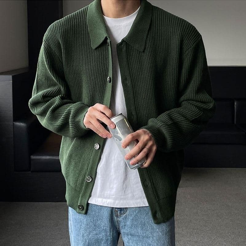 Autumn/Winter Trend Dark Green Lapel Versatile Top Loose Lazy Stylish Men's Cardigan Sweater Korean Style Jacket Knit