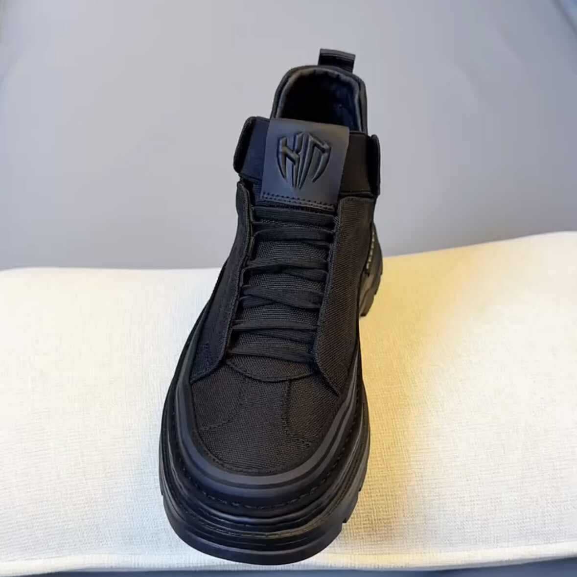 2024 New Style Autumn Tech Fabric Casual Sports Shoes Men, Round Toe Ultra-Light Solid Color Breathable High-Top Canvas Shoes