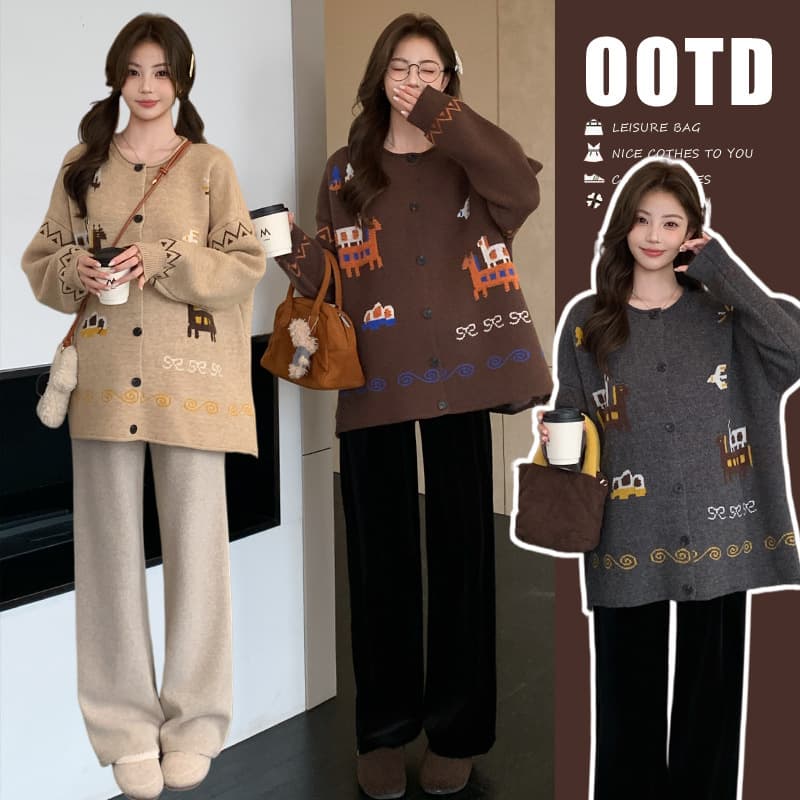 2025 Temperament Autumn/Winter New Maternity Korean Style Cardigan Sweater, Simple Soft Lazy Cute Loose Knit
