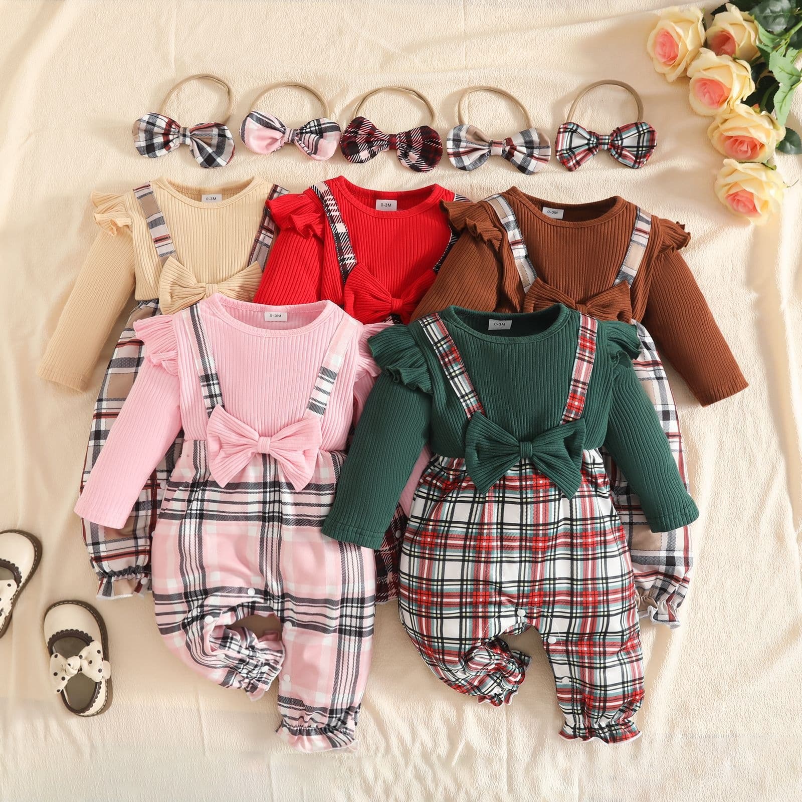 Cross-Border Baby Girl Faux Suspenders Ribbed Plaid Patchwork Long-Sleeve Bodysuit, Autumn/Winter Baby Girl Faux Two-Piece Long Romper with Headband
