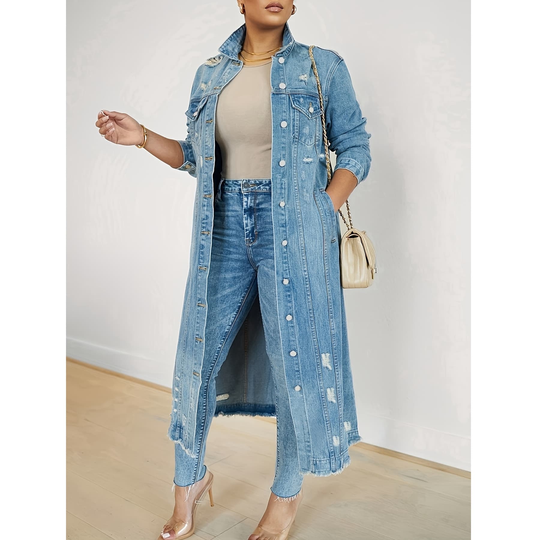 Cross-border Plus Size Women's Denim Jacket Loose Long Sleeve Casual Jean Jacket