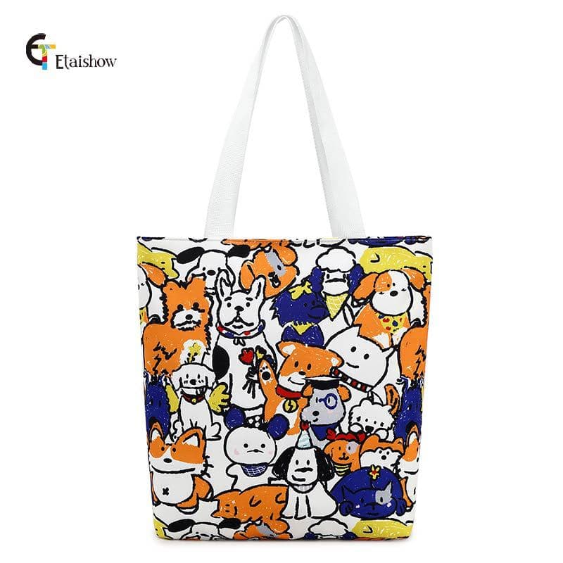 2023 New Canvas Bag with Cartoon Print Puppy Shoulder Bag for Women, Large Capacity, Student Study Bag, Versatile Handbag