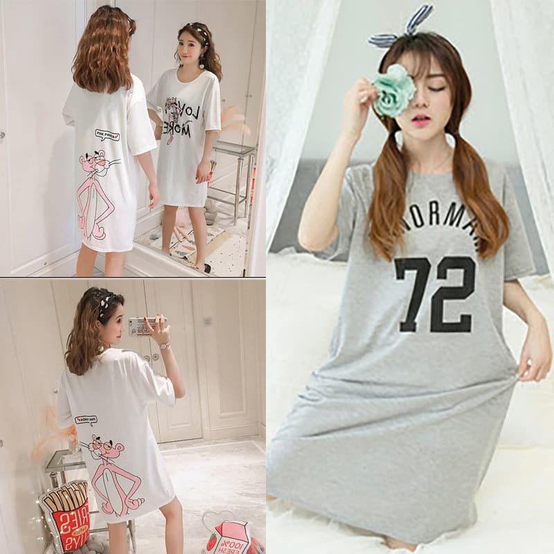 Summer Short Sleeve Teen Pajama Sleep Dress Loungewear Casual Loose Fit Wear-Out Midi Dress Cross-Border Wholesale
