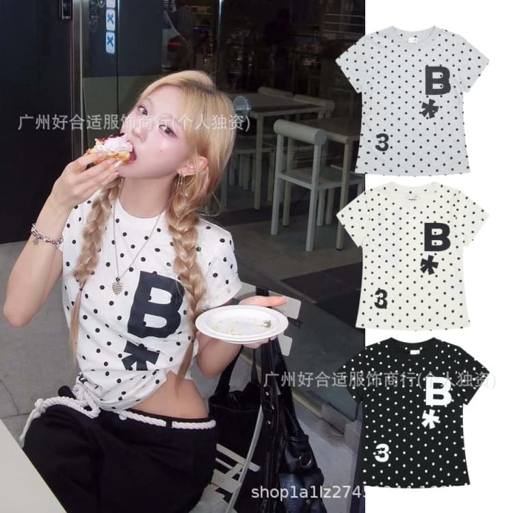 In Stock Korean BAUF Casual Polka Dot Slim Fit Short T-Shirt for Women, Slim Fit Short Sleeve 2026 Summer New Arrival