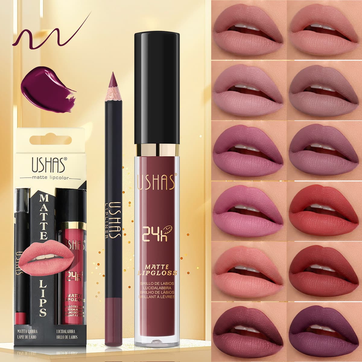 USHAS cross-border Amazon matte matte lipstick makeup lip gloss lip glaze + lip liner set CS386A+B