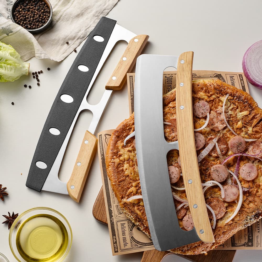 Pizza cutter wooden handle machete stainless steel pizza cutter semi-circle noodle knife baking tool pizza pizza cutter