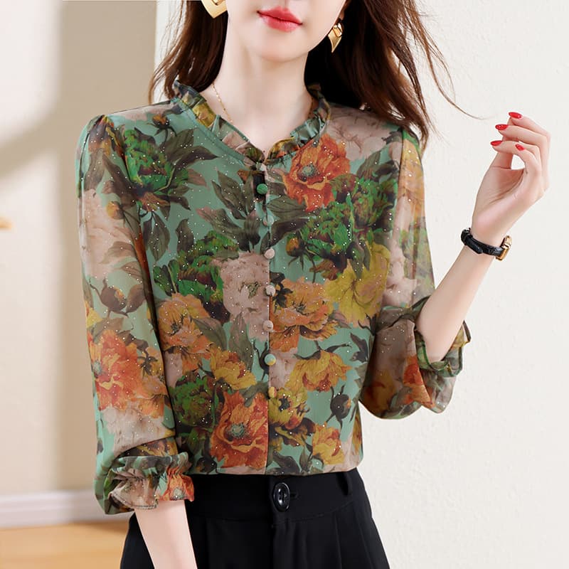 2025 Autumn New French Fashion Ruffled Collar Bell Sleeve Slimming Simple Mulberry Flower Wrinkle Print Women's Top