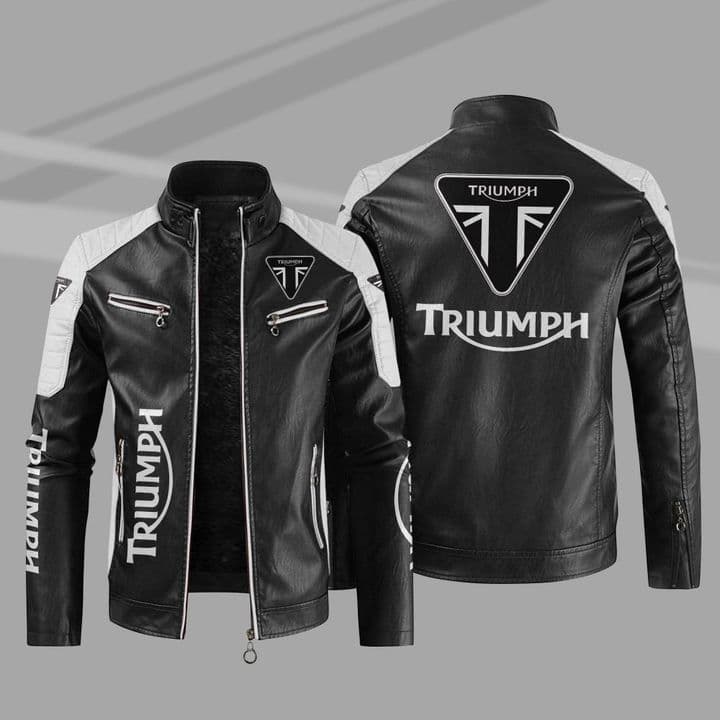 [European Size Fleece-Lined] Triumph Motorcycle Logo PU Jacket Plus Size Printed Fall Winter Jacket
