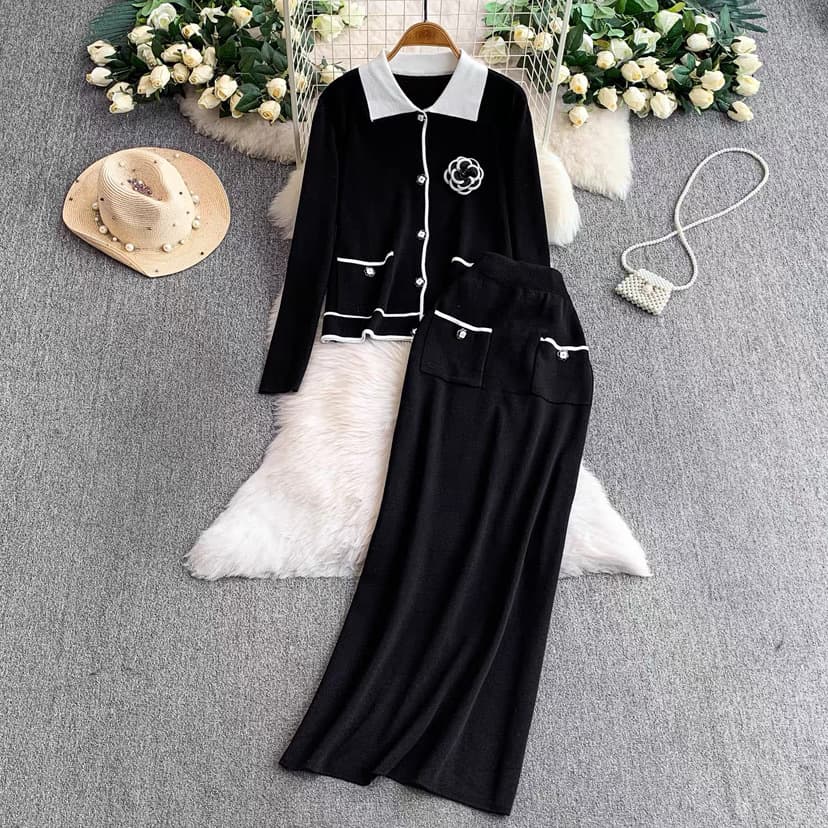 Korean Chic Elegant Camellia Single-Breasted Lapel Knit Cardigan High-Waist Slimming Midi Dress Two-Piece Set
