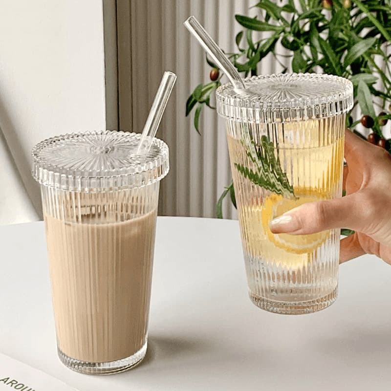 Ribbed Glass Iced Coffee Cup Ins Style Premium Feel with Lid and Straw Cola Water Cup Iced Drink Cup Trendy