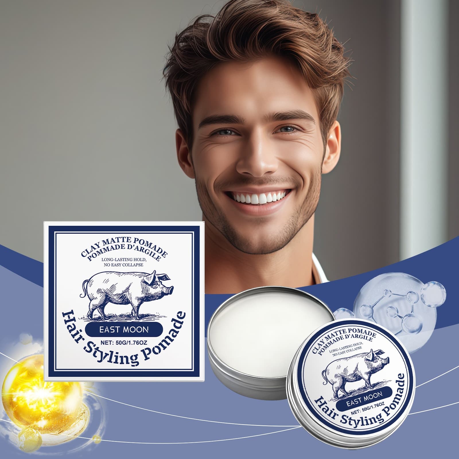 EAST MOON Men's Matte Styling Clay, Men's Hair Styling, Refreshing, Non-Greasy, Easy to Manage, Smooth