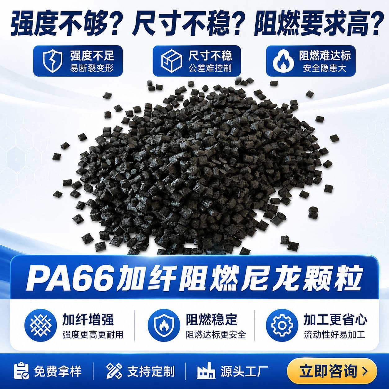 Flame-retardant Nylon 66 Fireproof V0 PA66 Glass-Fiber Reinforced Nylon Material Injection Molding Grade PA66 with Glass Fiber