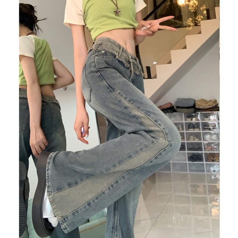 Edgy American Retro Petite Jeans for Women Fall New Patchwork Slimming Plus Size Flared Long Pants