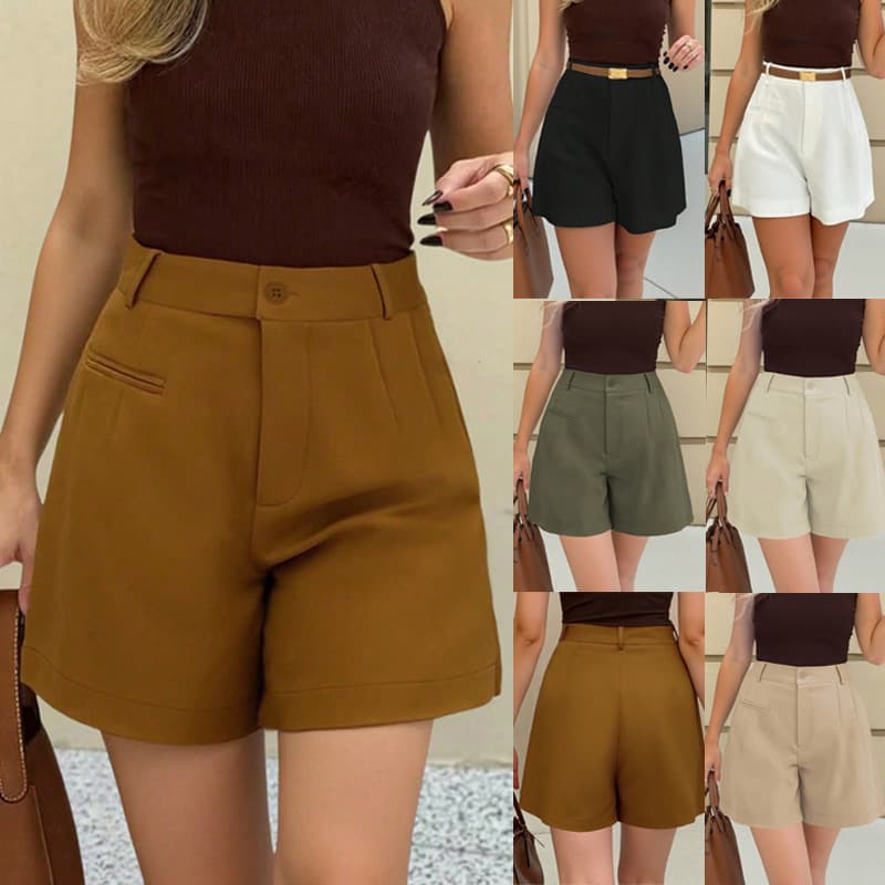 2026 Cross-border European and American Amazon Fashion Casual High Waisted Loose Solid Color Straight Pants Wide Leg A-Line Women's Shorts