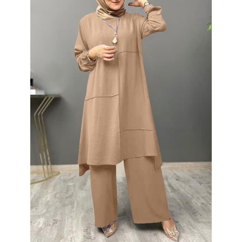 Amazon Hot Selling Set Elegant Long Sleeve Shirt + Flowing Wide-Leg Pants Abaya Suit