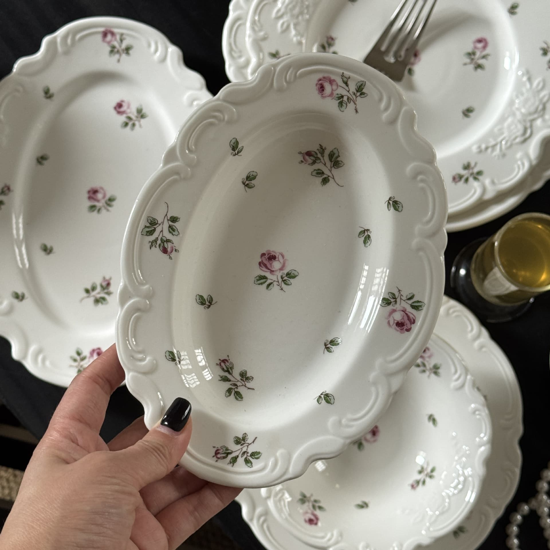 French Vintage Lace Pink Rose Embossed Ceramic Plate Vintage Afternoon Tea Dessert Plate Western Dinner Home Plate