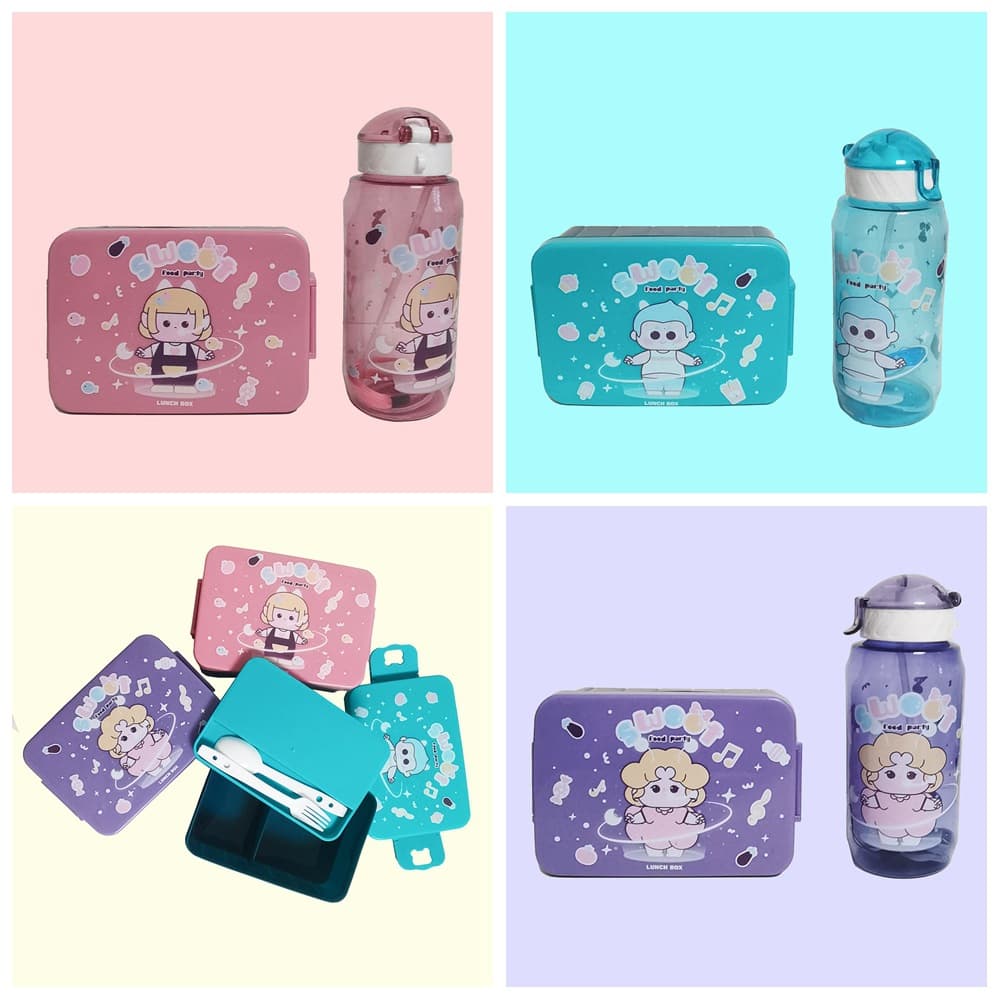 Rectangular Cartoon Lunch Box Straw Kettle Set Double Layer Children Student Lunch Box Set Lunch Box Manufacturer