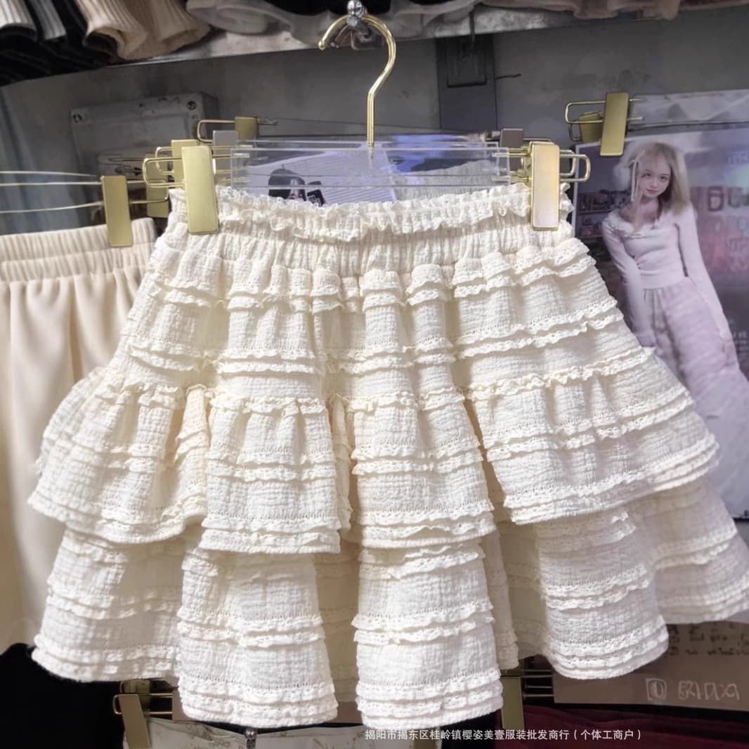 French Ballet Style Black Layered Skirt Women's Summer Sweet High-Waist Slimming A-Line Skirt Half Skirt White Short Skirt