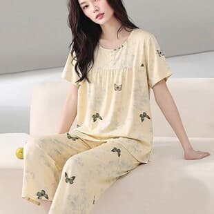 Summer Cotton Silk Pajamas for Women, Thin Pure Cotton Silk Short Sleeve Three-Quarter Pants Plus Size Set, Rayon Homewear