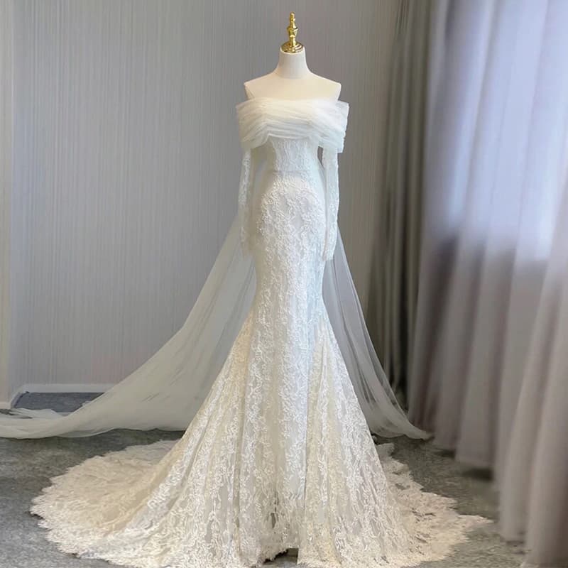 European and American Exported Fishtail Lace Light Wedding Dress, Simple One-Shoulder Bride Gown for Reception and Ceremony, French-Style Light Formal Wear