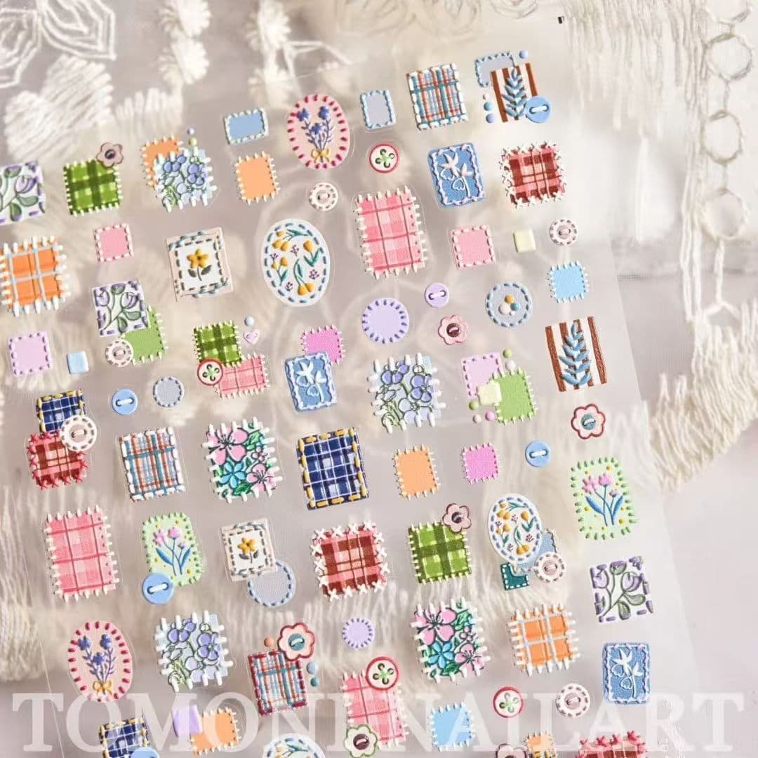 Sticker Embossed Nail Art Stickers Macaron Small Grids Small Buttons Autumn-Winter Atmosphere Girly Self-Adhesive Nail Decals
