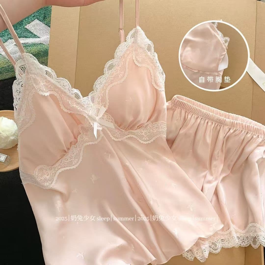 2026 New Pure Desire Ice Silk Camisole Shorts Set with Padded Bra Lace Trim Silver Butterfly Sexy Sleepwear Loungewear