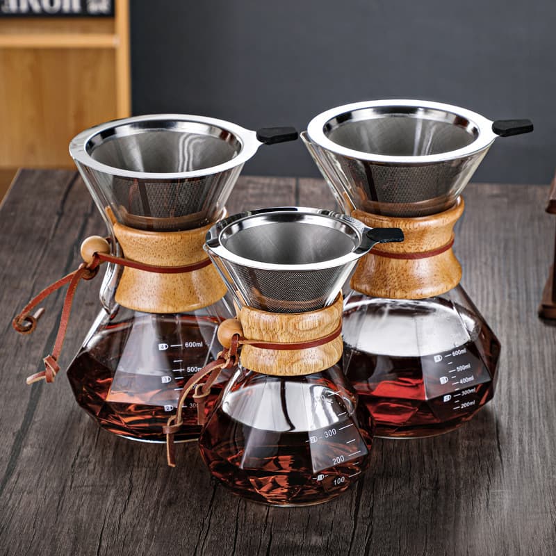 Diamond wood chip coffee pot glass hand brewing sharing pot with funnel drip pot household coffee pot brewing tea pot