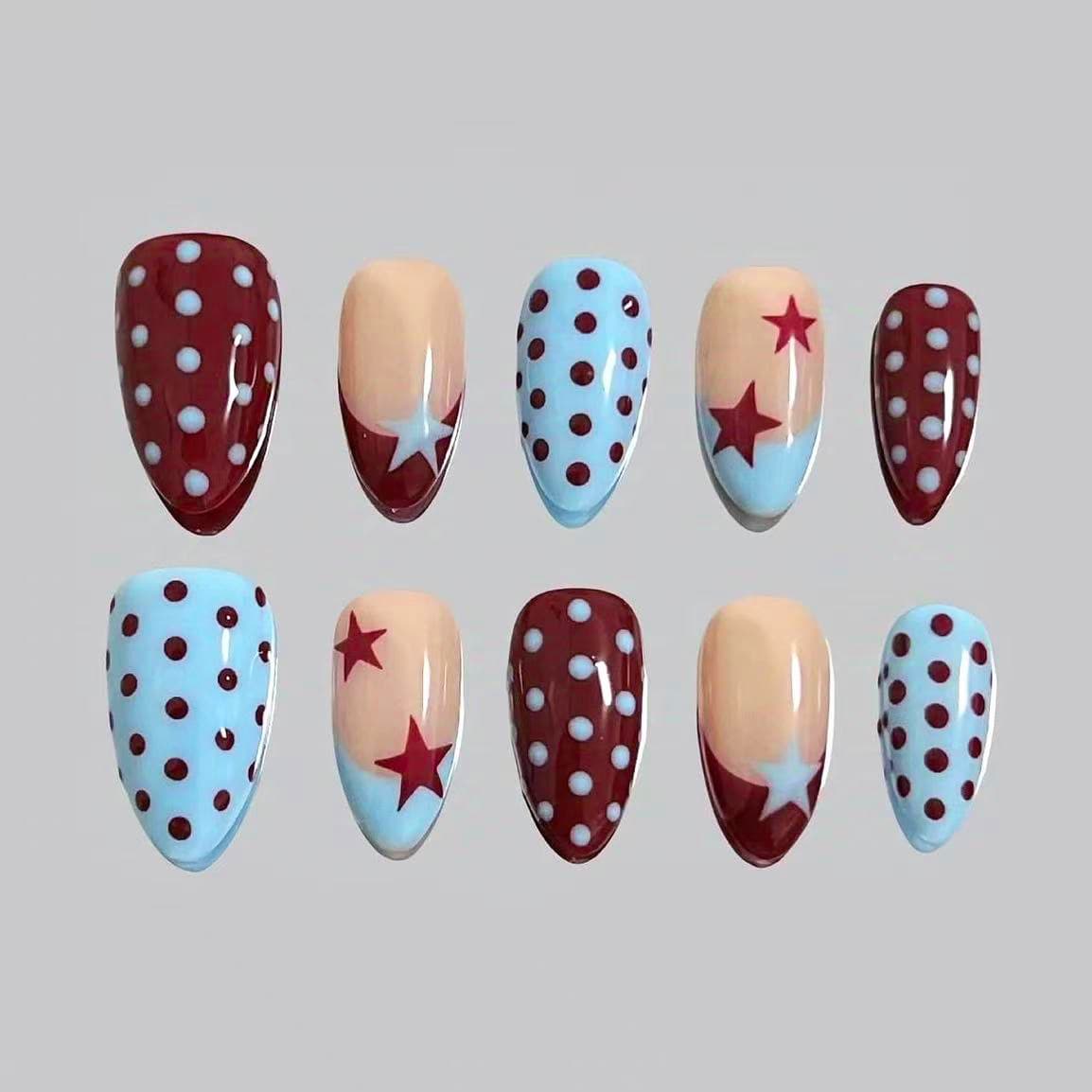 Polka Dot Star Color-Blocking Press-On Nails French Style Vintage Spicy Girl Cross-Border Hot-Selling Nail Stickers Ultra-Short Almond Shape